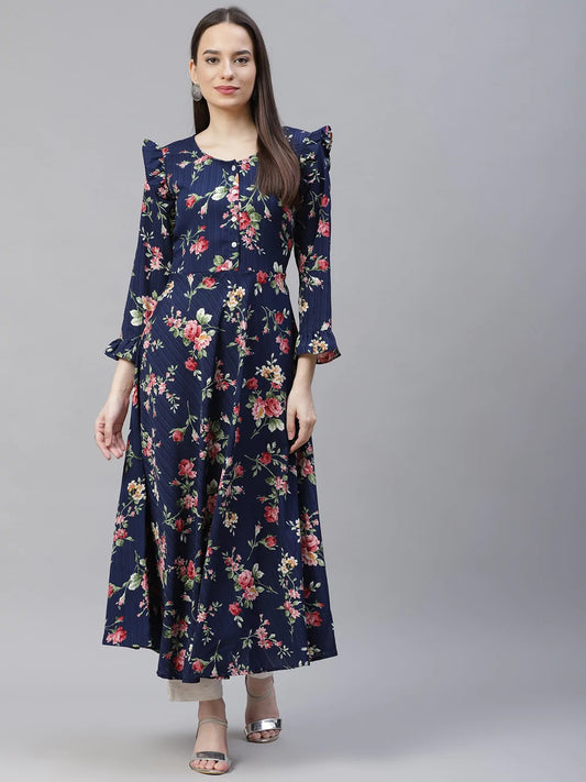 Women Navy Blue & Pink Floral Printed Bell Sleeves Floral Anarkali Kurta ( JOK 1405 Blue )