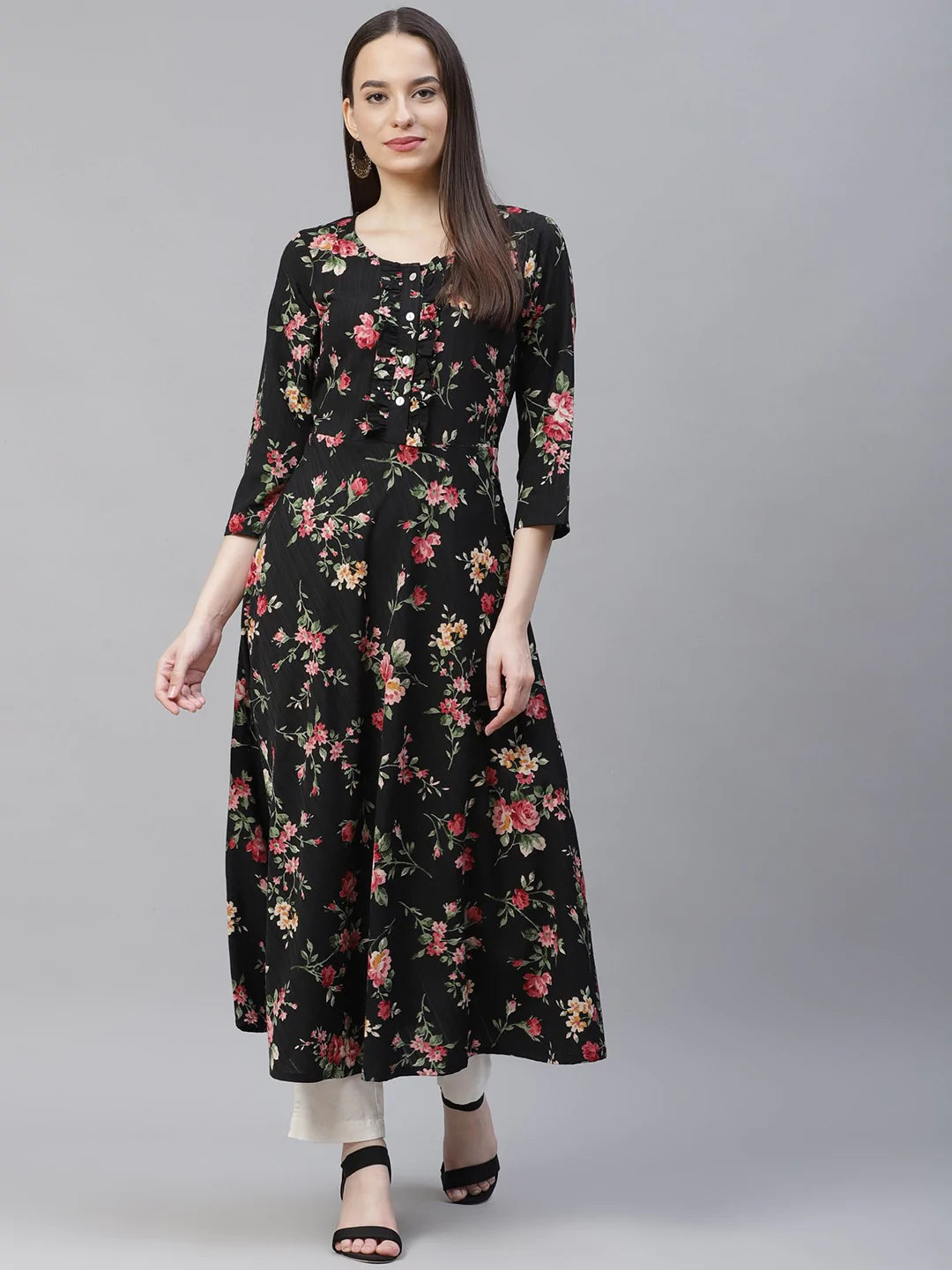 Women Black Floral Printed Floral Anarkali Kurta ( JOK 1406 Black )