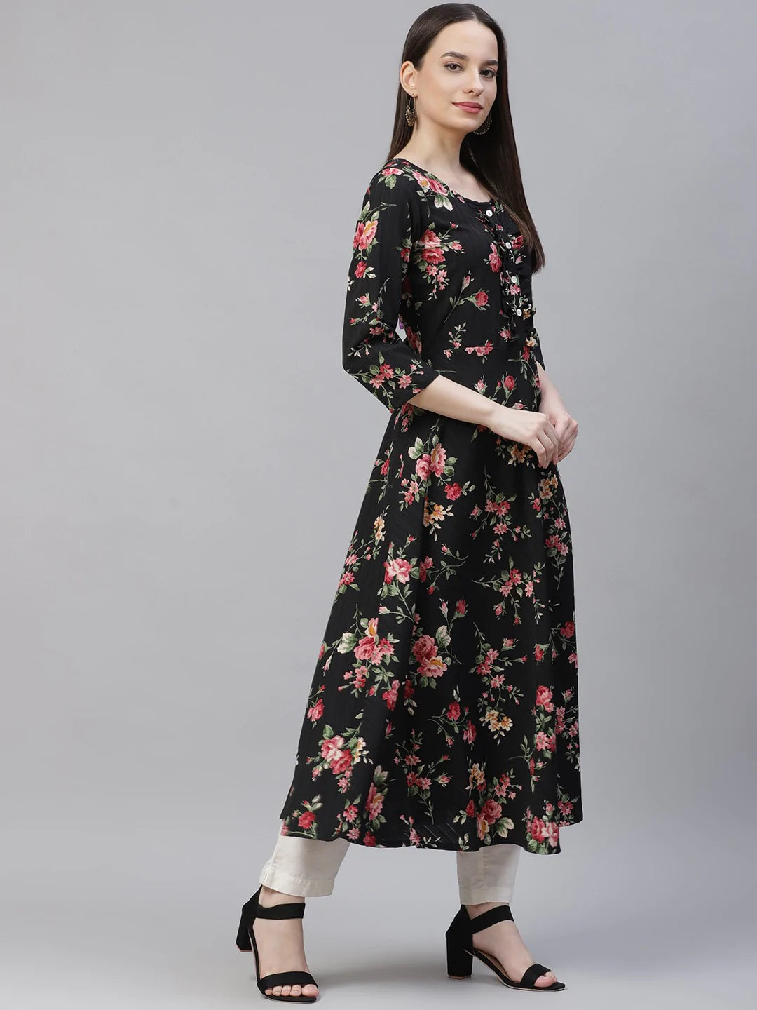 Women Black Floral Printed Floral Anarkali Kurta ( JOK 1406 Black )