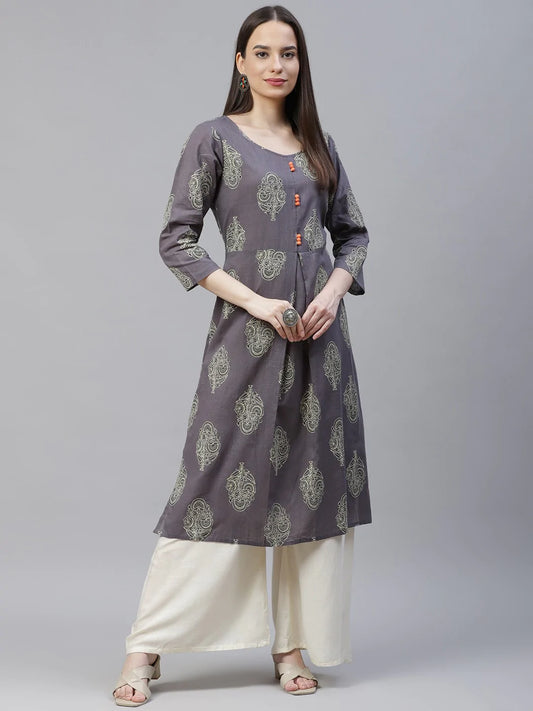 Women Grey & Orange Ethnic Motifs Printed Block Print Kurta with Box Pleate ( JOK 1408 Grey )