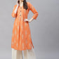Women Orange & Grey Ethnic Motifs Printed Block Print Kurta with Box Pleate ( JOK 1408 Orange )
