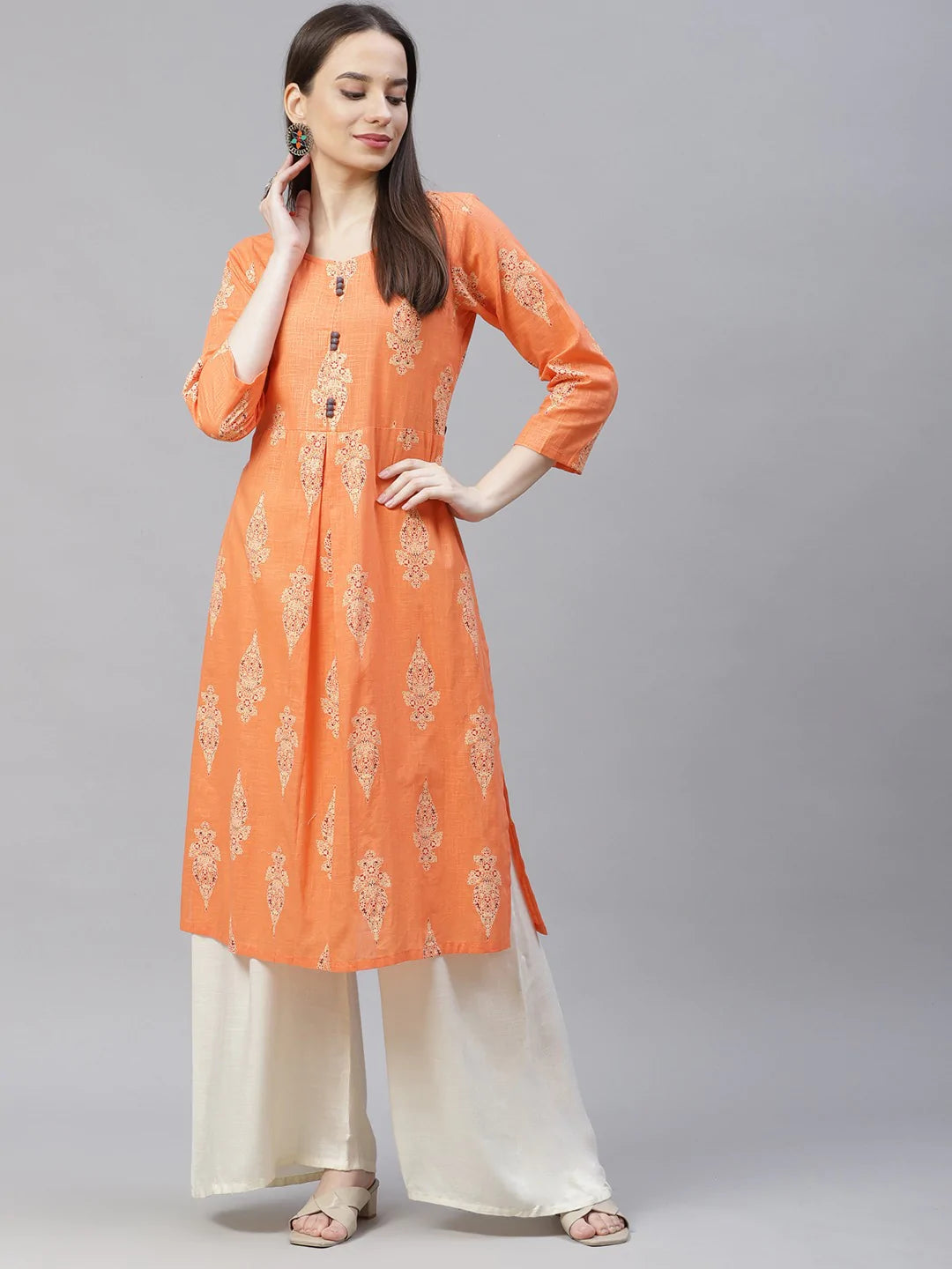 Women Orange & Grey Ethnic Motifs Printed Block Print Kurta with Box Pleate ( JOK 1408 Orange )