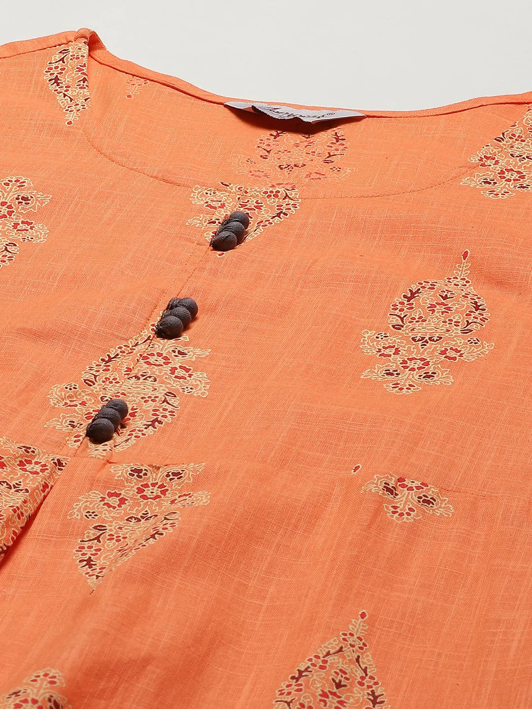 Women Orange & Grey Ethnic Motifs Printed Block Print Kurta with Box Pleate ( JOK 1408 Orange )