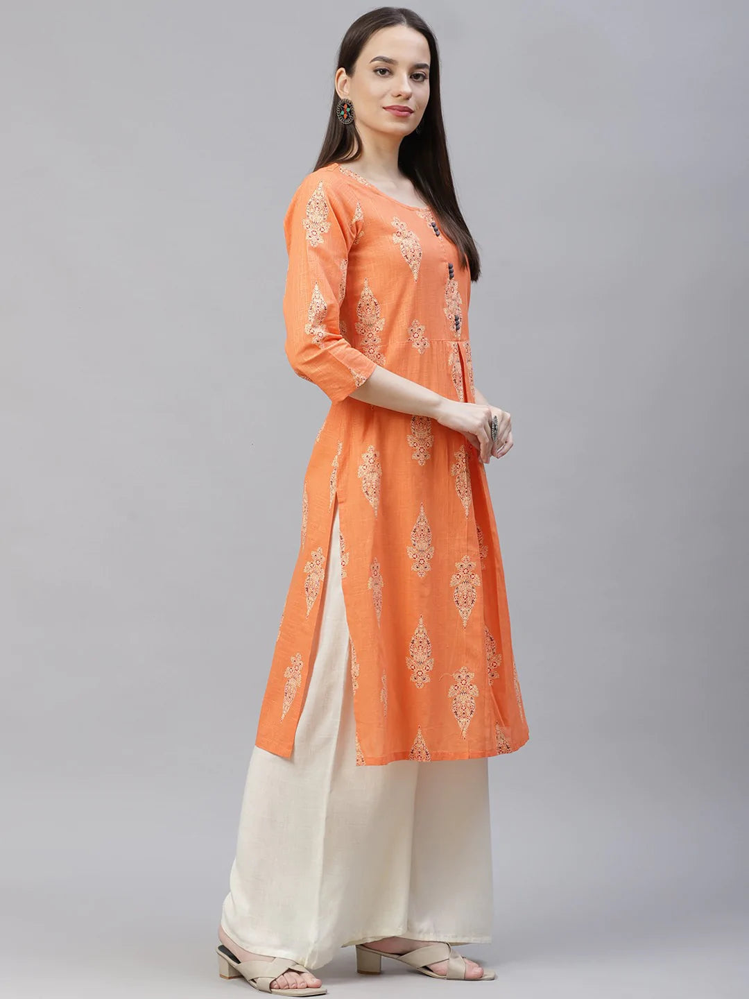 Women Orange & Grey Ethnic Motifs Printed Block Print Kurta with Box Pleate ( JOK 1408 Orange )
