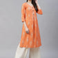 Women Orange & Grey Ethnic Motifs Printed Block Print Kurta with Box Pleate ( JOK 1408 Orange )