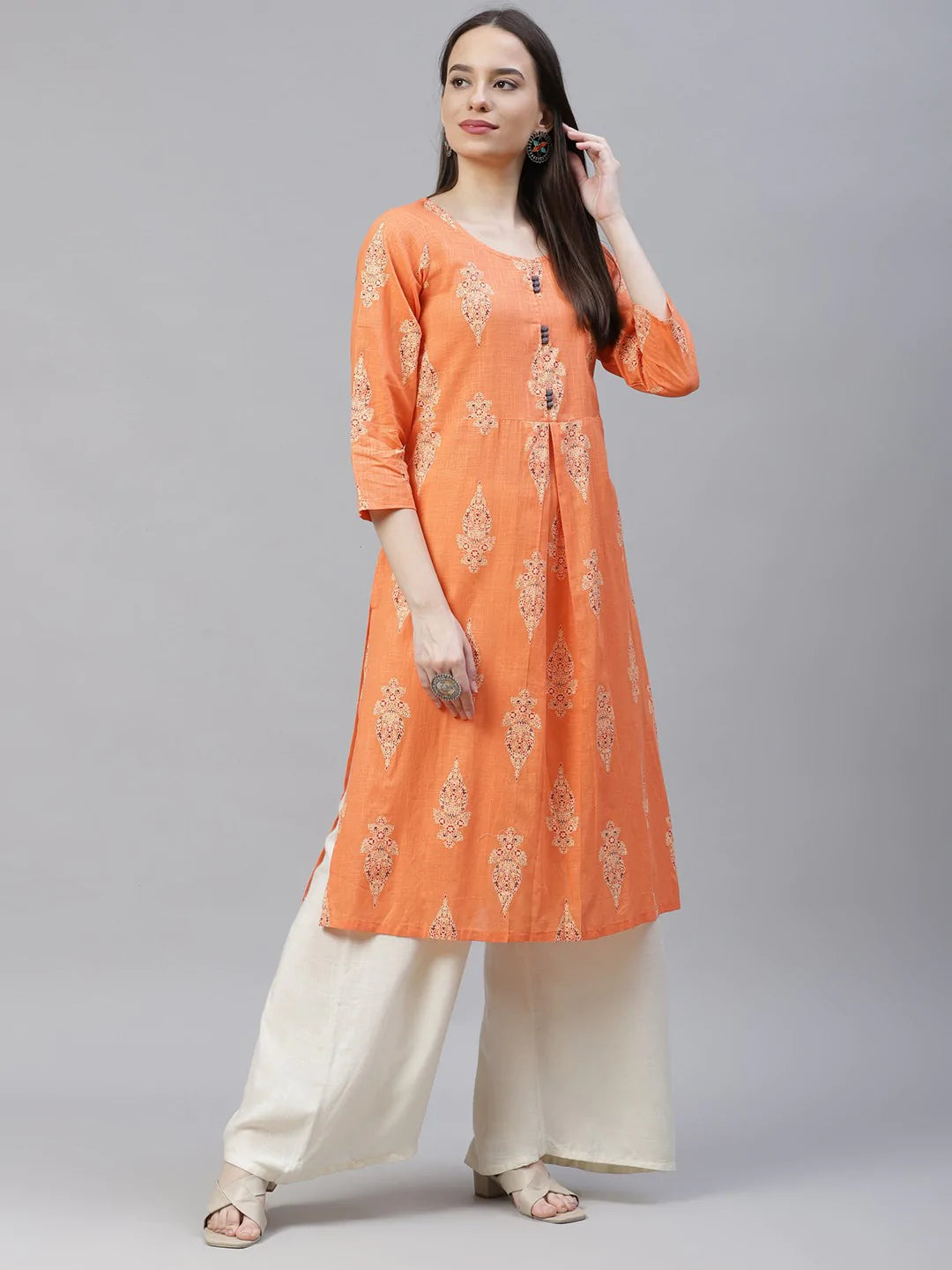 Women Orange & Grey Ethnic Motifs Printed Block Print Kurta with Box Pleate ( JOK 1408 Orange )