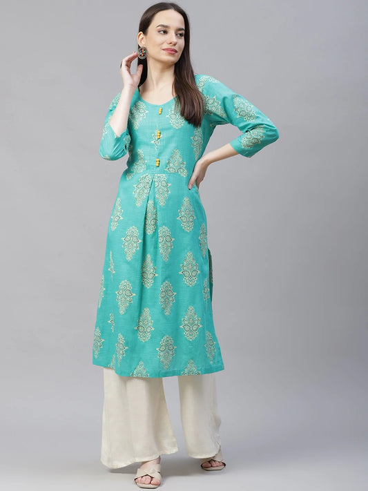Women Sea Green & Yellow Ethnic Motifs Printed Block Print Kurta with Box Pleate ( JOK 1408 Rama )