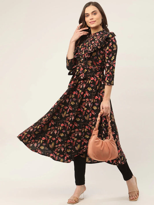 Women Black Flared Printed kurta ( JOK 1415 Black )