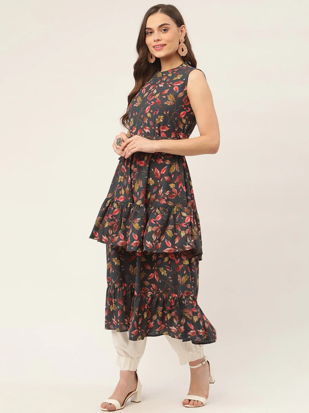 Women Grey Flared Printed kurta ( JOK 1417 Grey )