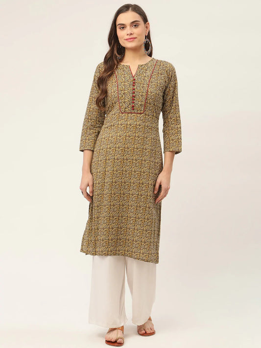 Women Brown and Olive Printed Straight Pure Cotton Kurta ( JOK 1418 Brown )