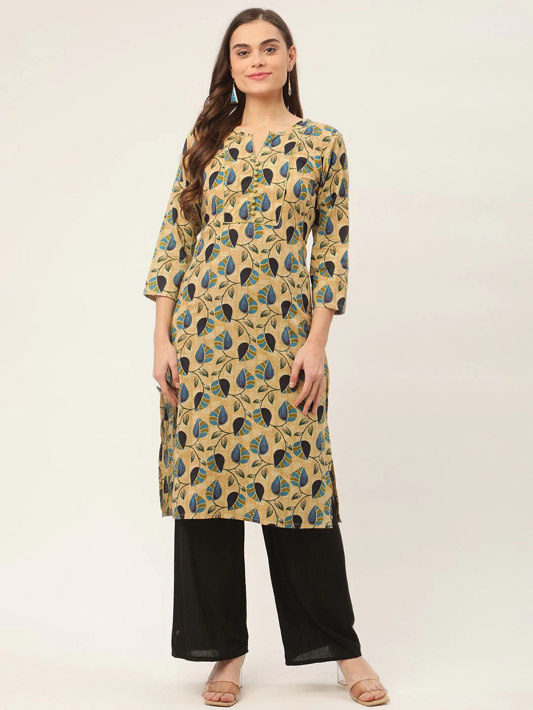 Women Beige and Navy Printed Straight Pure Cotton Kurta ( JOK 1418 Navy )