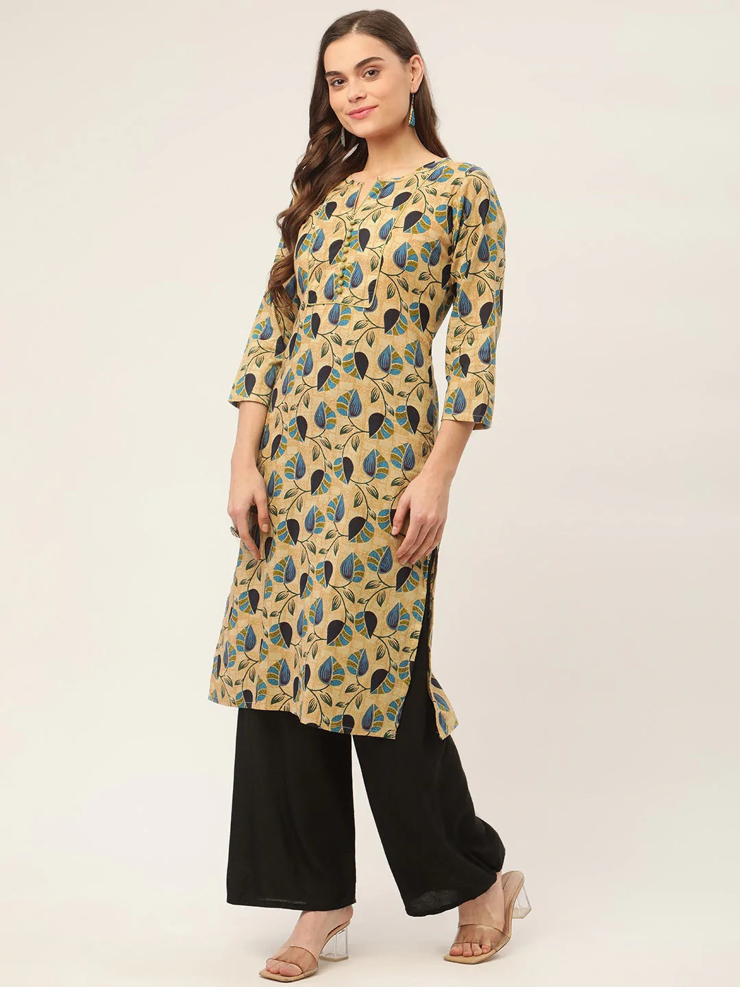 Women Beige and Navy Printed Straight Pure Cotton Kurta ( JOK 1418 Navy )