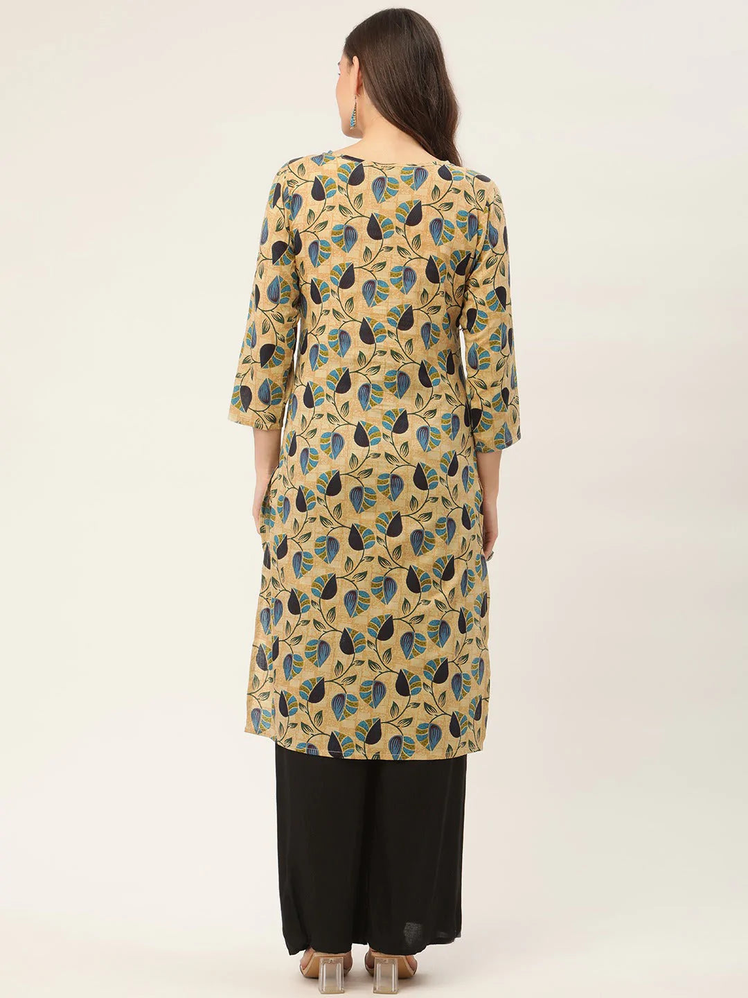 Women Beige and Navy Printed Straight Pure Cotton Kurta ( JOK 1418 Navy )