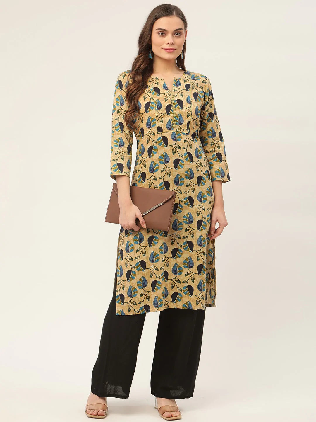 Women Beige and Navy Printed Straight Pure Cotton Kurta ( JOK 1418 Navy )