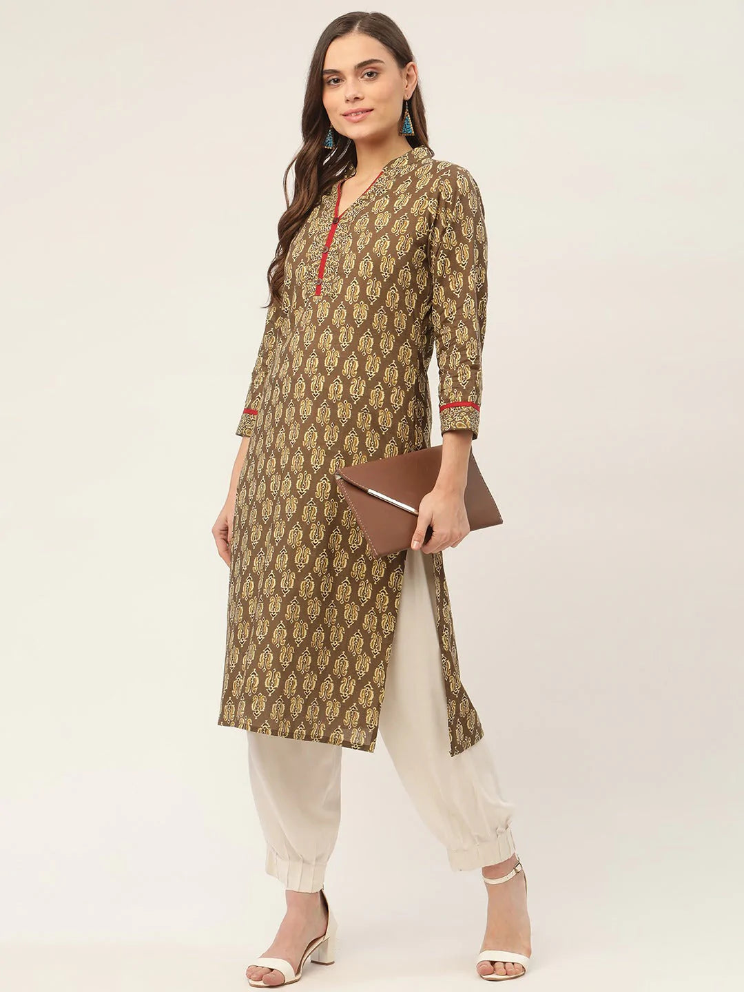 Women Brown and Olive Printed Straight Pure Cotton Kurta ( JOK 1419 Brown )