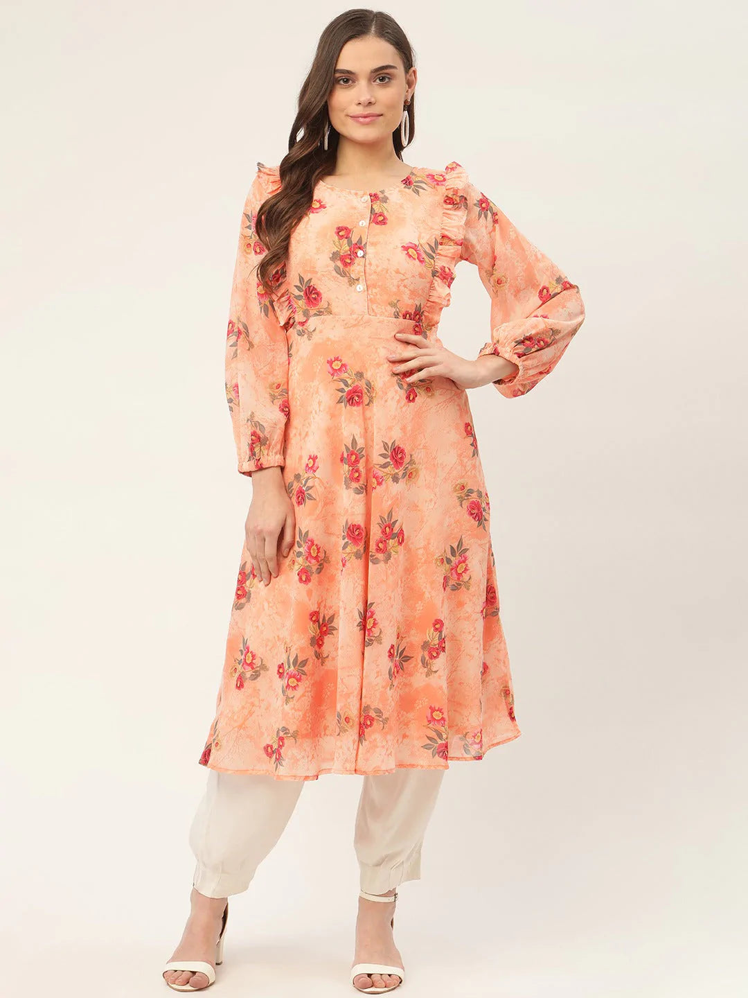 Women Orange Georgette Flared Printed kurta ( JOK 1421 Orange )