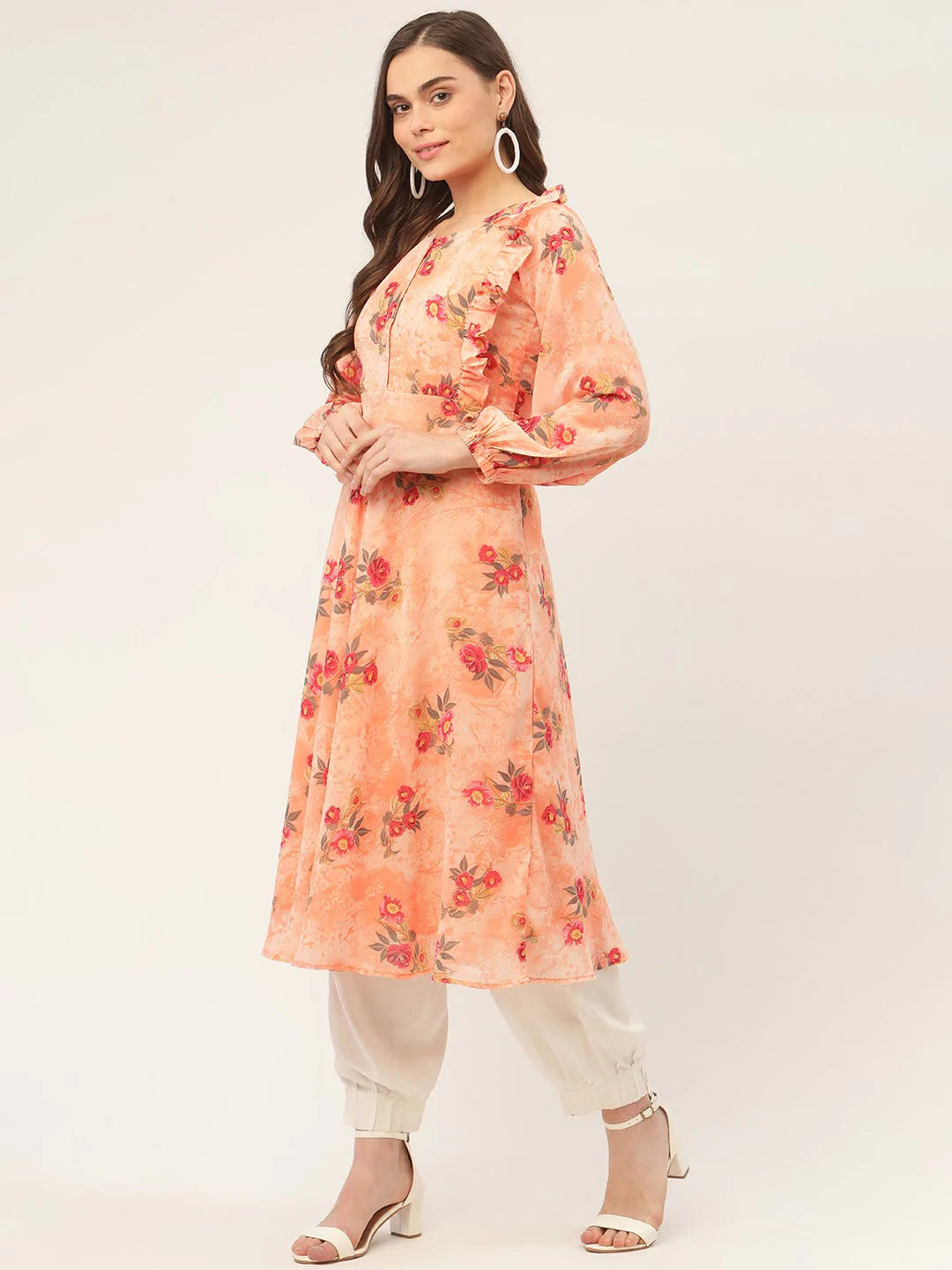 Women Orange Georgette Flared Printed kurta ( JOK 1421 Orange )