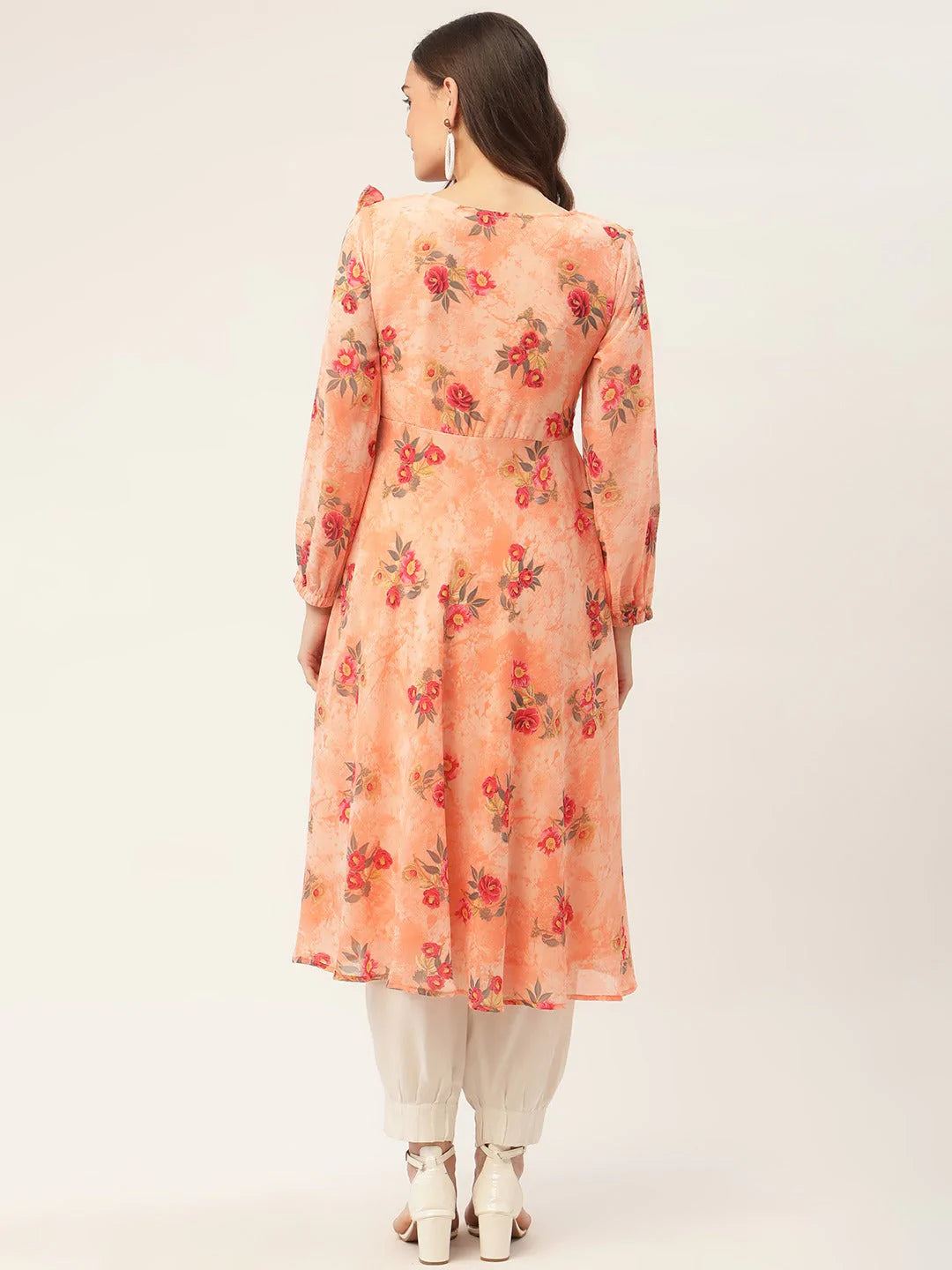 Women Orange Georgette Flared Printed kurta ( JOK 1421 Orange )