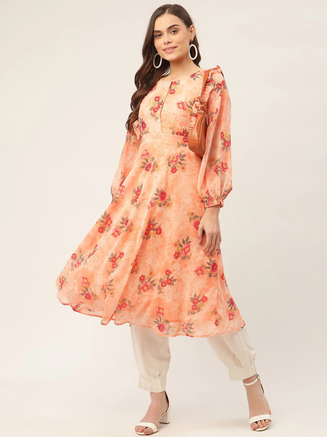 Women Orange Georgette Flared Printed kurta ( JOK 1421 Orange )