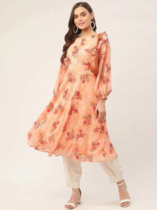 Women Orange Georgette Flared Printed kurta ( JOK 1421 Orange )
