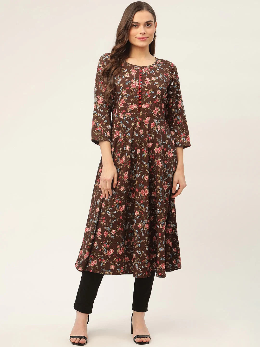 Women Brown Flared Printed kurta ( JOK 1422 Brown )