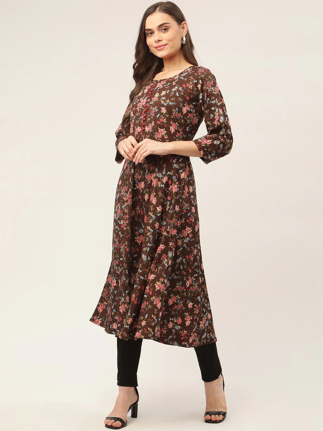 Women Brown Flared Printed kurta ( JOK 1422 Brown )