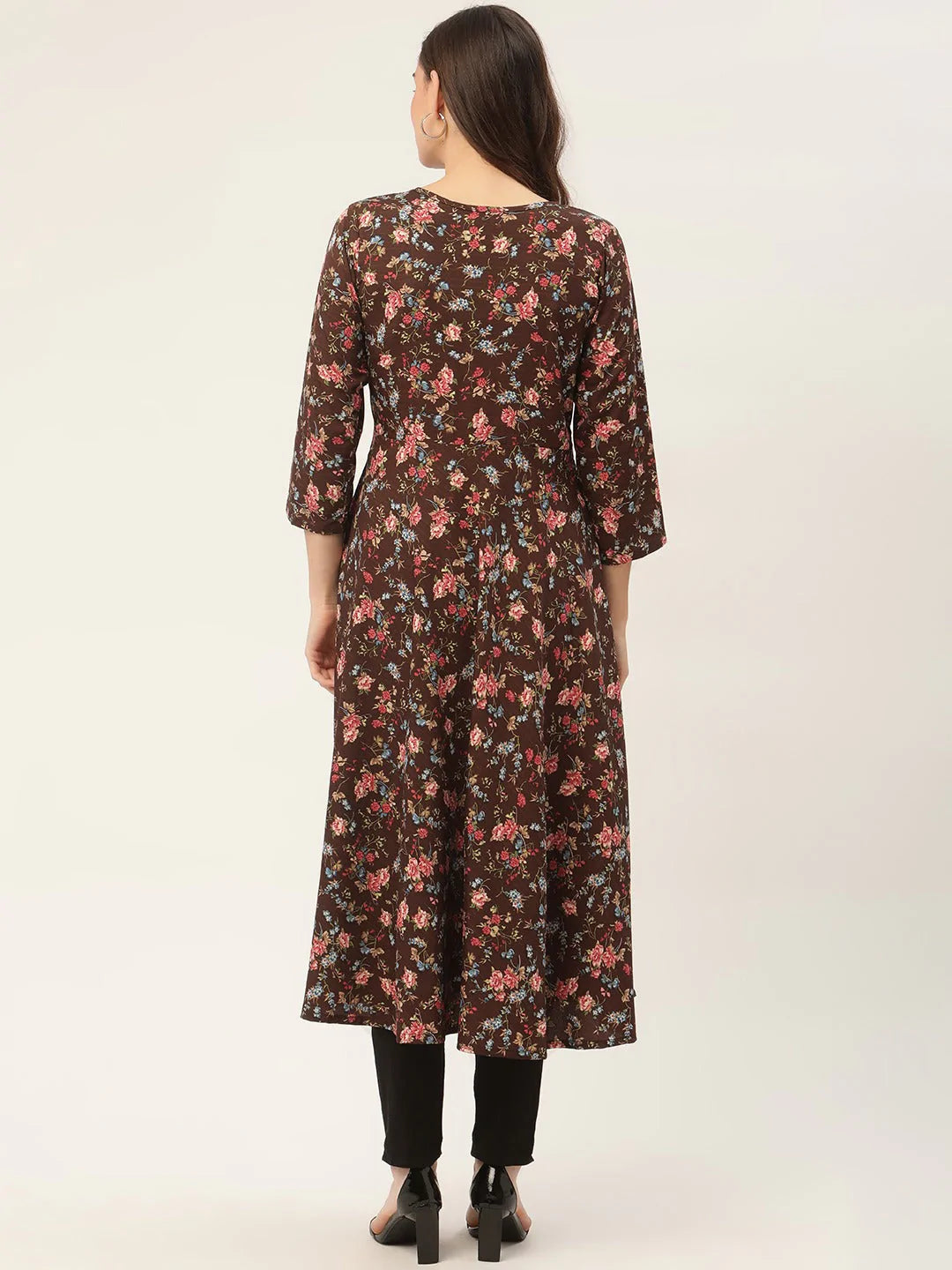 Women Brown Flared Printed kurta ( JOK 1422 Brown )