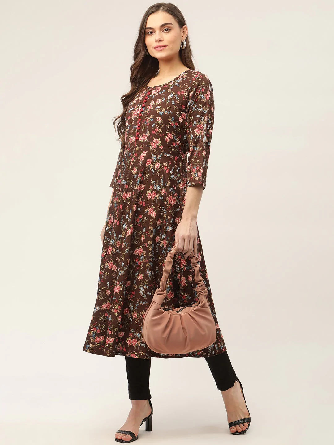 Women Brown Flared Printed kurta ( JOK 1422 Brown )