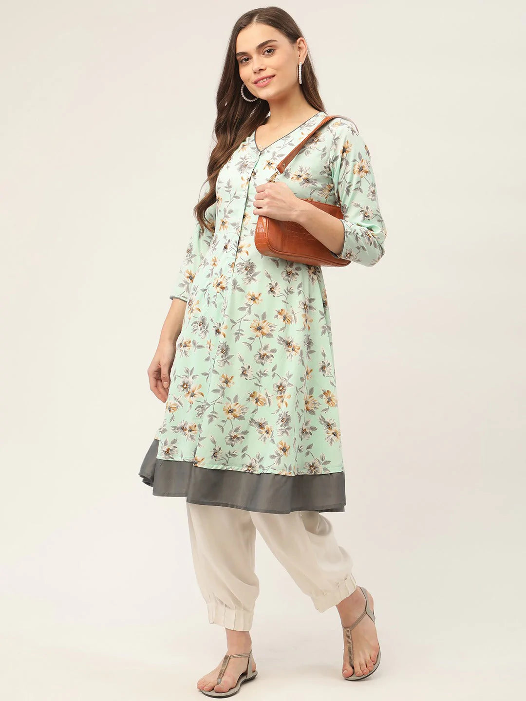 Women Sky Blue and White Flared Printed kurta ( JOK 1424 Sky )