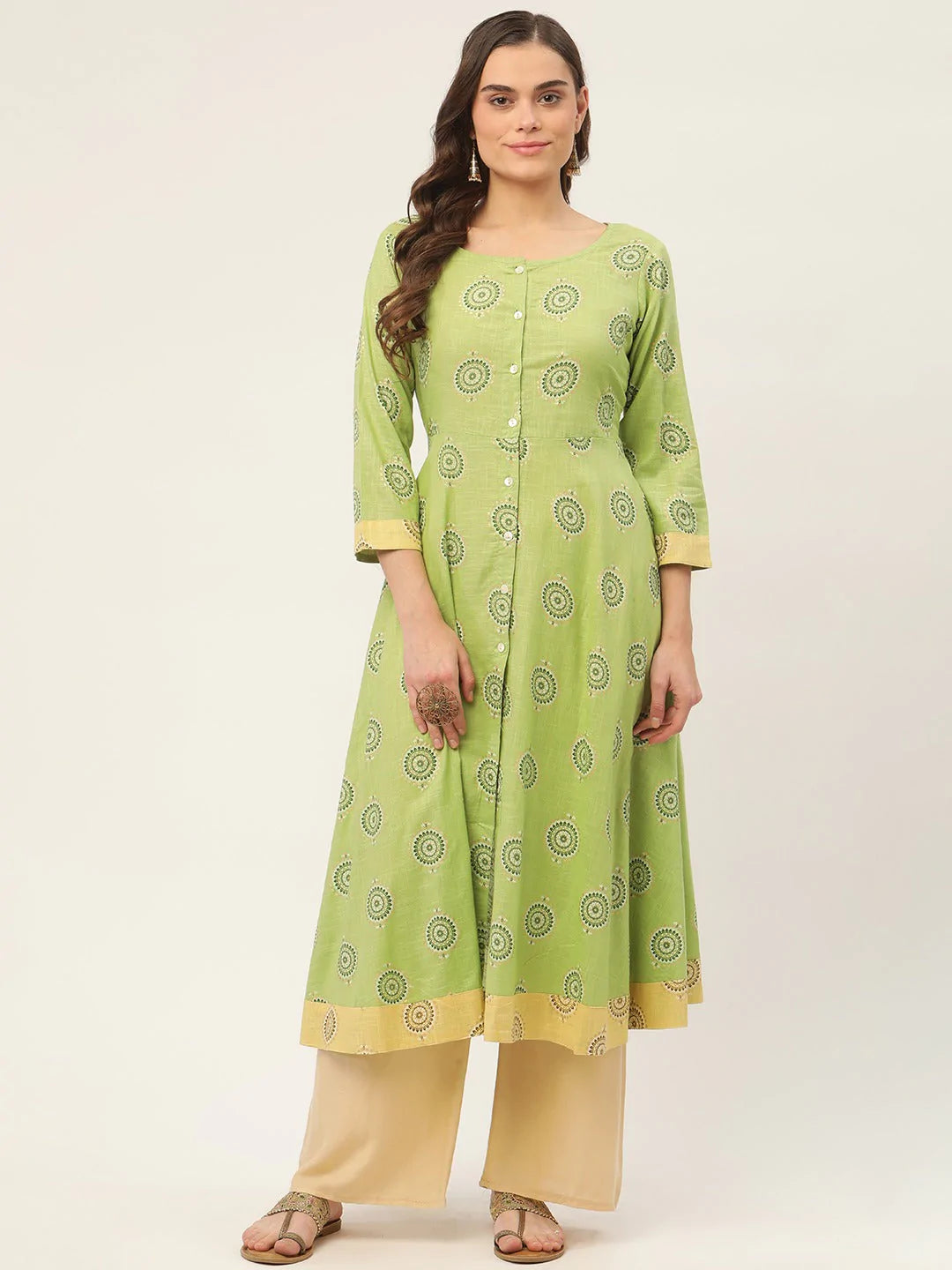 Women Green Cotton Blend Flared Printed kurta ( JOK 1425 Green )