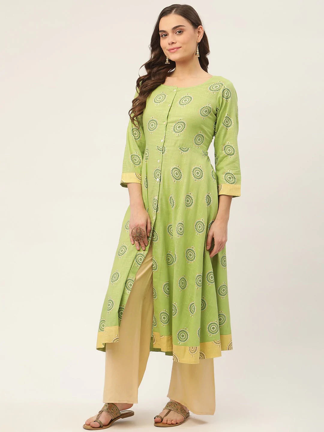 Women Green Cotton Blend Flared Printed kurta ( JOK 1425 Green )