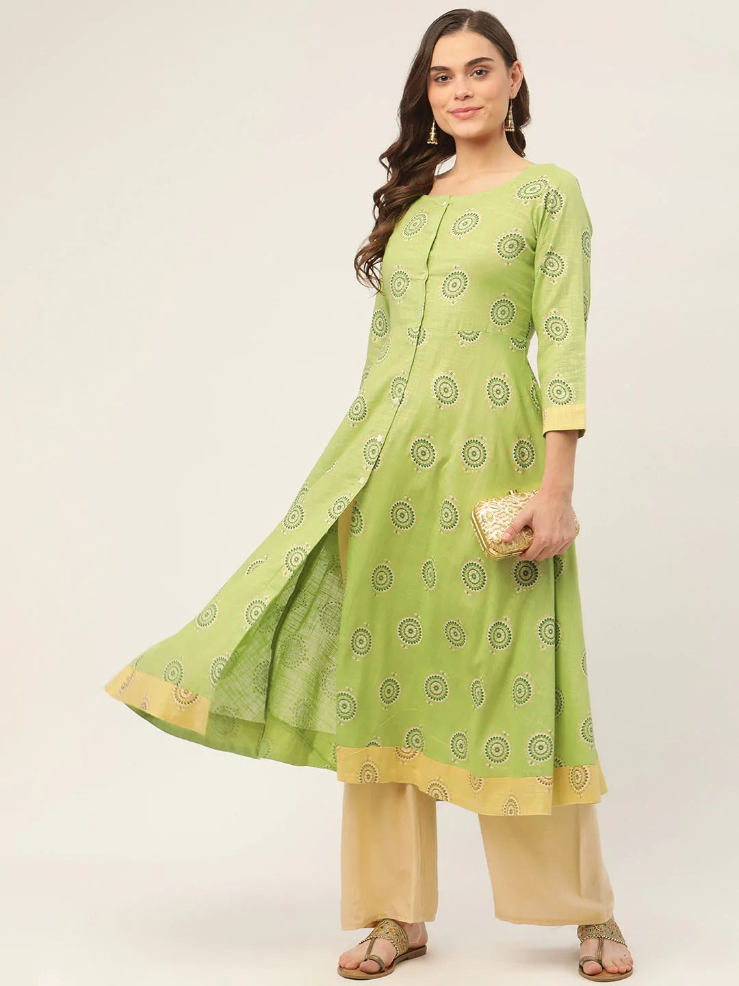 Women Green Cotton Blend Flared Printed kurta ( JOK 1425 Green )