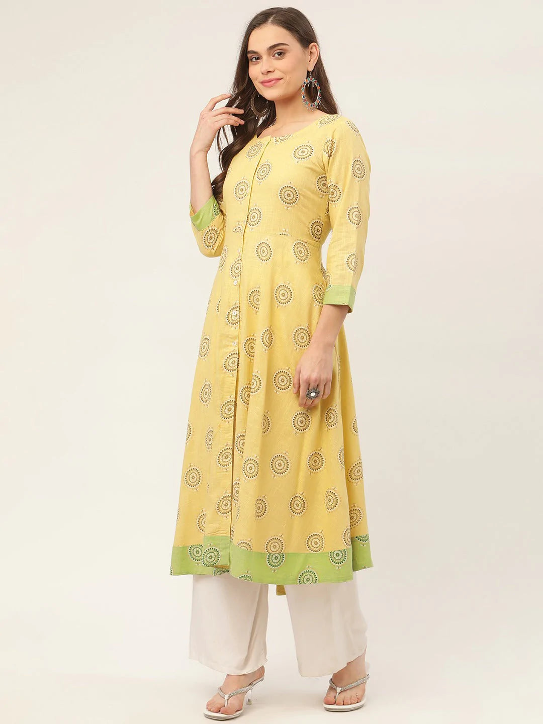 Women Pista Green Cotton Blend Flared Printed kurta ( JOK 1425 Pista )