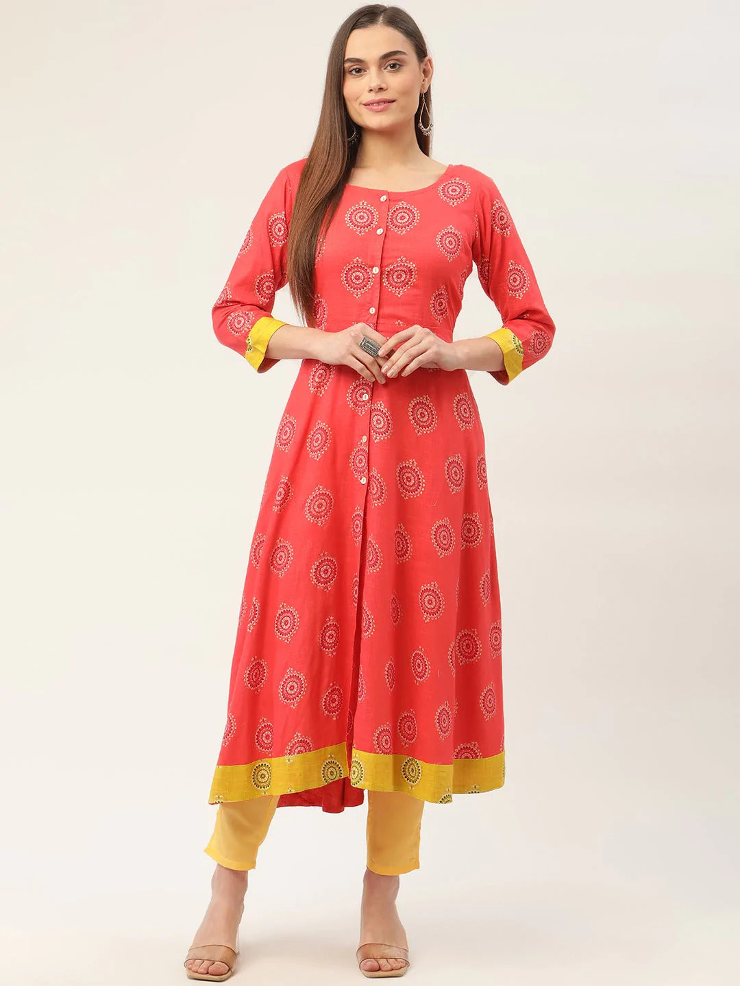 Women Red and Yellow Cotton Blend Flared Printed kurta ( JOK 1425 Red )