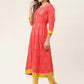 Women Red and Yellow Cotton Blend Flared Printed kurta ( JOK 1425 Red )