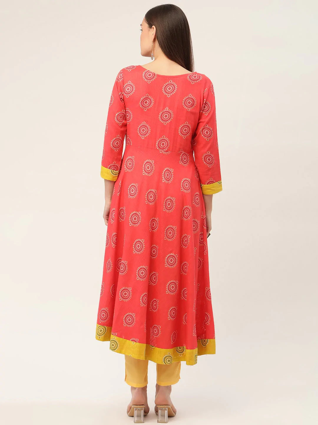 Women Red and Yellow Cotton Blend Flared Printed kurta ( JOK 1425 Red )