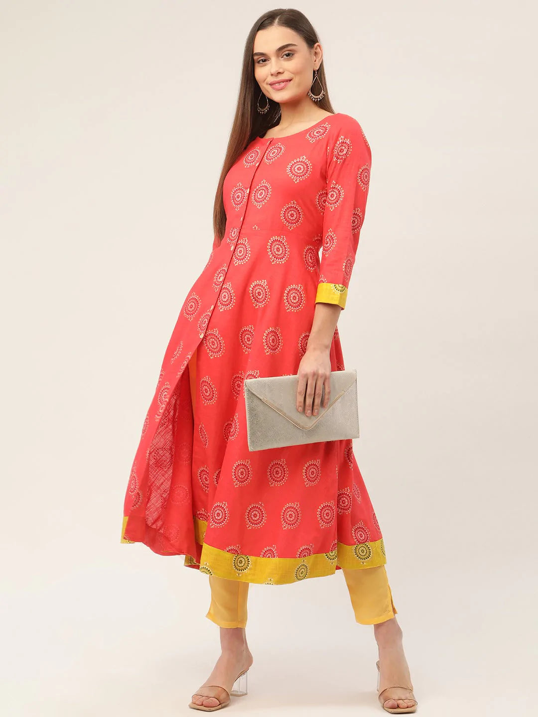 Women Red and Yellow Cotton Blend Flared Printed kurta ( JOK 1425 Red )
