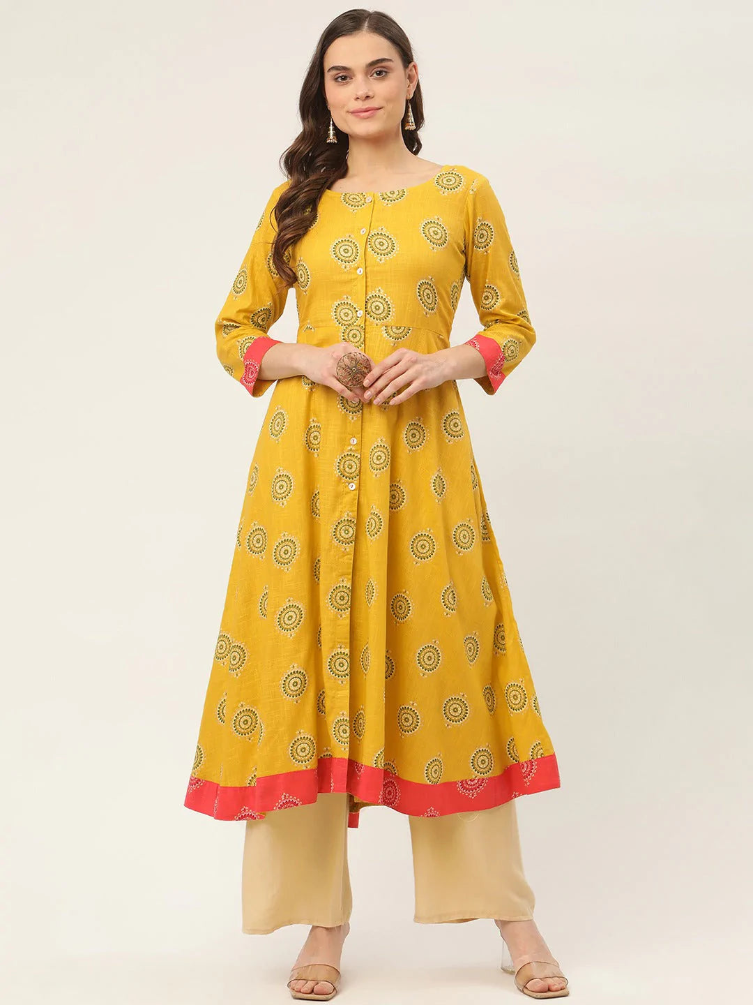 Women Yellow and Red Cotton Blend Flared Printed kurta ( JOK 1425 Yellow )