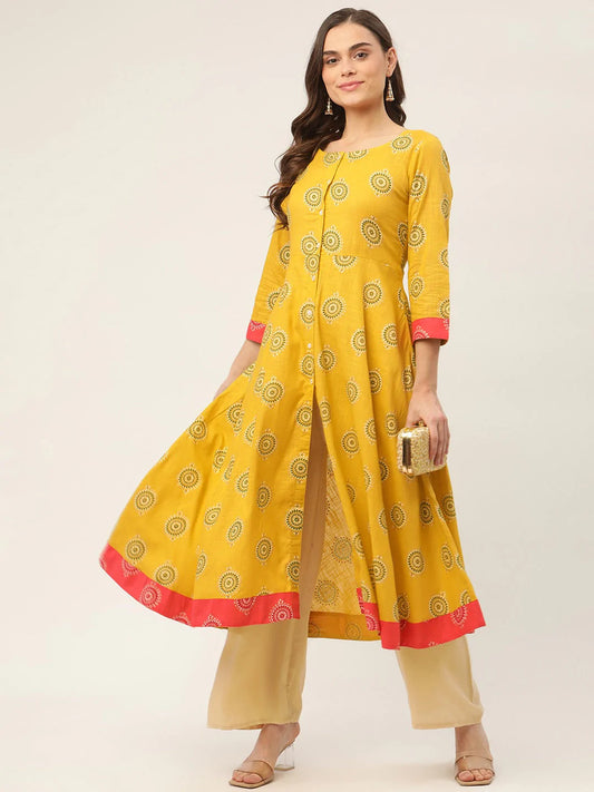 Women Yellow and Red Cotton Blend Flared Printed kurta ( JOK 1425 Yellow )