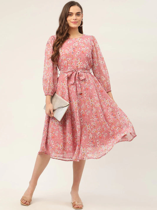 Women Pink & White Georgette Floral Printed Kurta ( JOK 1428 Pink )