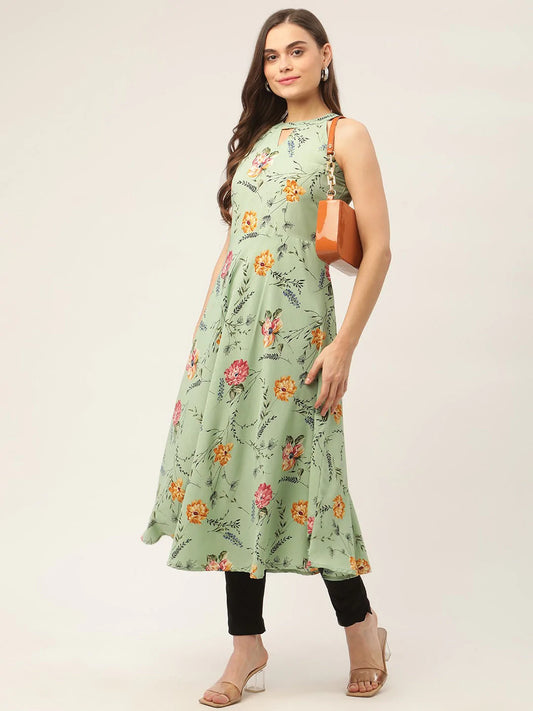 Women Green Floral Print Anarkali Kurta ( JOK 1429 Green )