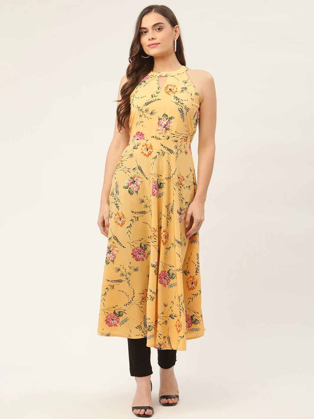 Women Yellow & Pink Floral Printed Halter Neck Kurta ( JOK 1429 Yellow )