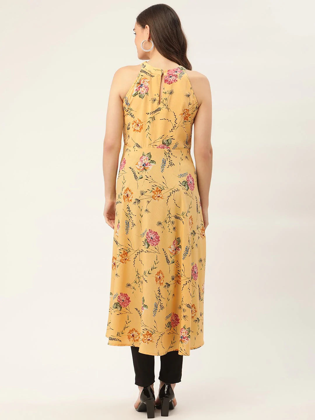 Women Yellow & Pink Floral Printed Halter Neck Kurta ( JOK 1429 Yellow )