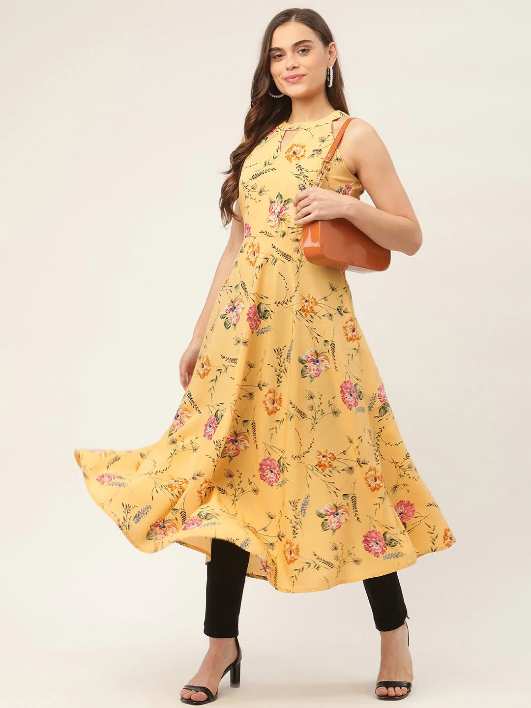 Women Yellow & Pink Floral Printed Halter Neck Kurta ( JOK 1429 Yellow )