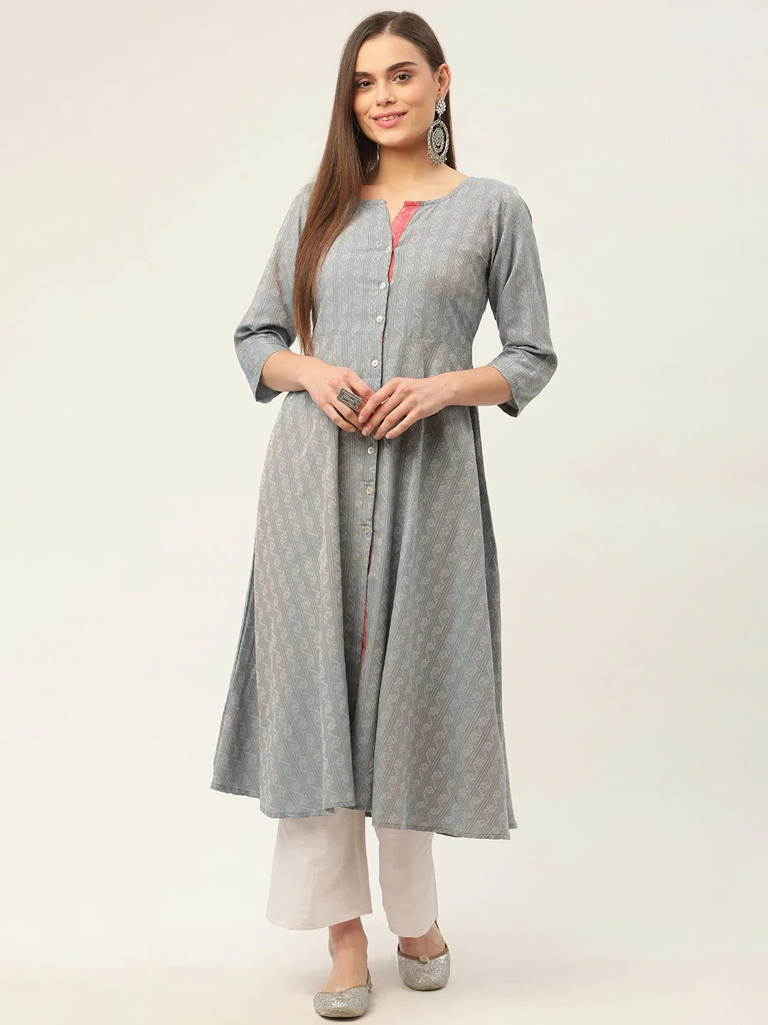 Women Grey & Red Cotton Jacquard Geometric Printed Kurta ( JOK 1430 Grey )