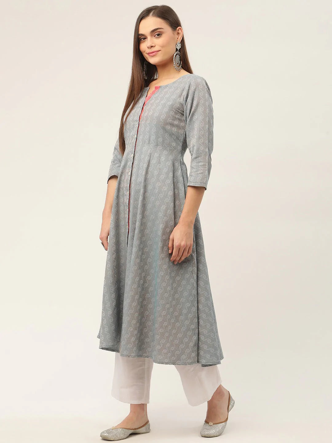 Women Grey & Red Cotton Jacquard Geometric Printed Kurta ( JOK 1430 Grey )