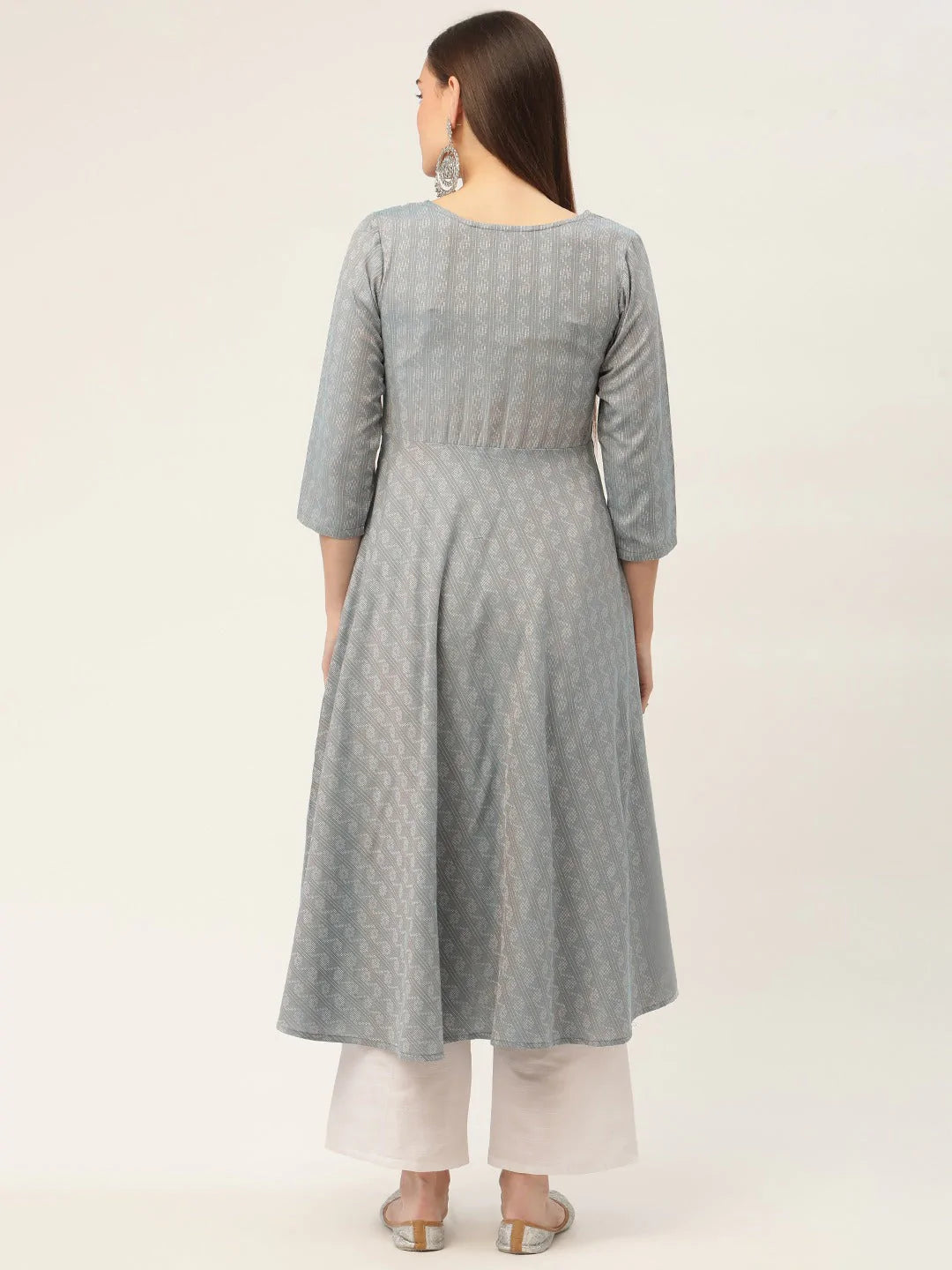 Women Grey & Red Cotton Jacquard Geometric Printed Kurta ( JOK 1430 Grey )