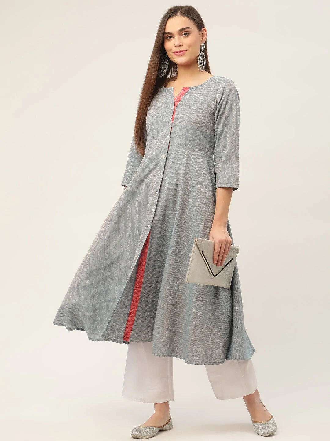 Women Grey & Red Cotton Jacquard Geometric Printed Kurta ( JOK 1430 Grey )