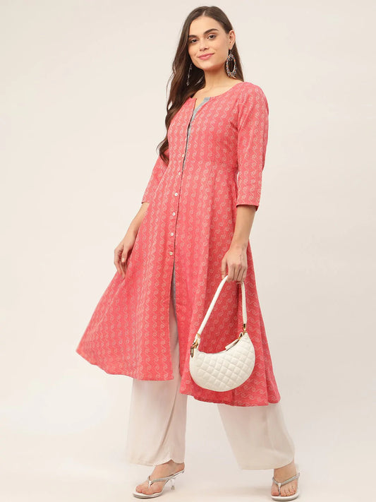 Women Red & Grey Cotton Jacquard Geometric Printed Kurta ( JOK 1430 Red )