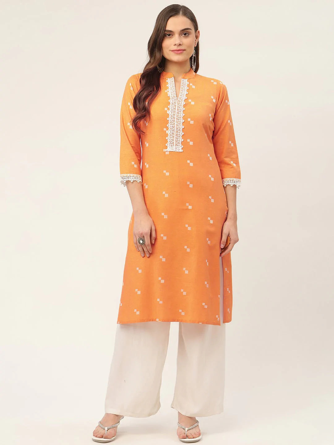 Women Orange Cotton Jacquard Geometric Printed Kurta ( JOK 1431 Orange )